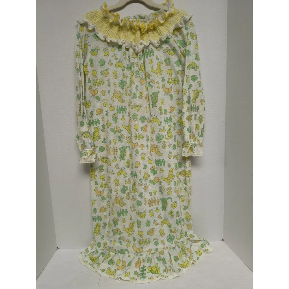 Vtg Carters Yellow Animal Print Nightgown Sleepwear Pajamas Size 6X 1980s Retro